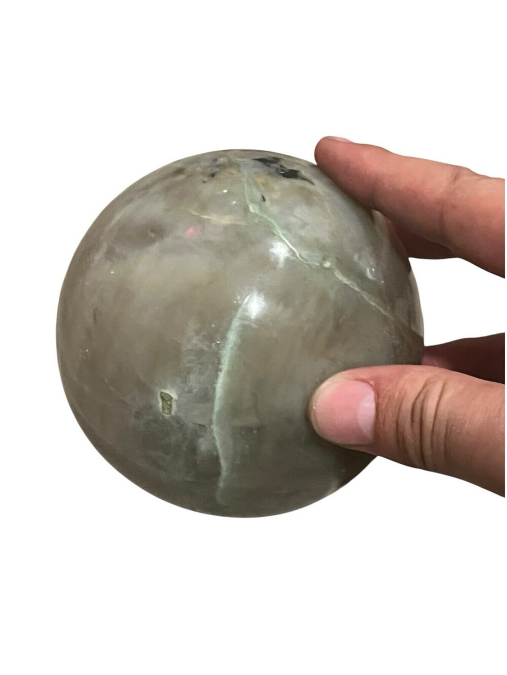 Gray Green Moonstone Sphere Polished Crystal Ball Green White Flash